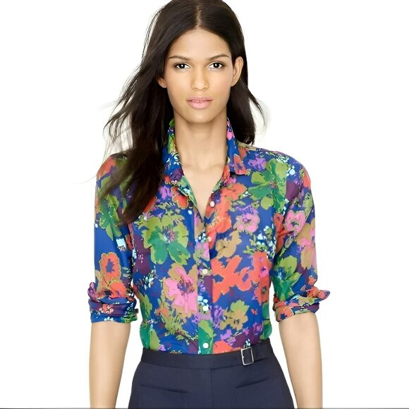 J. Crew Tops - J Crew Navy Blue Green Pink Floral Lightweight Airy Cotton Silk Shirt Top XXS 00